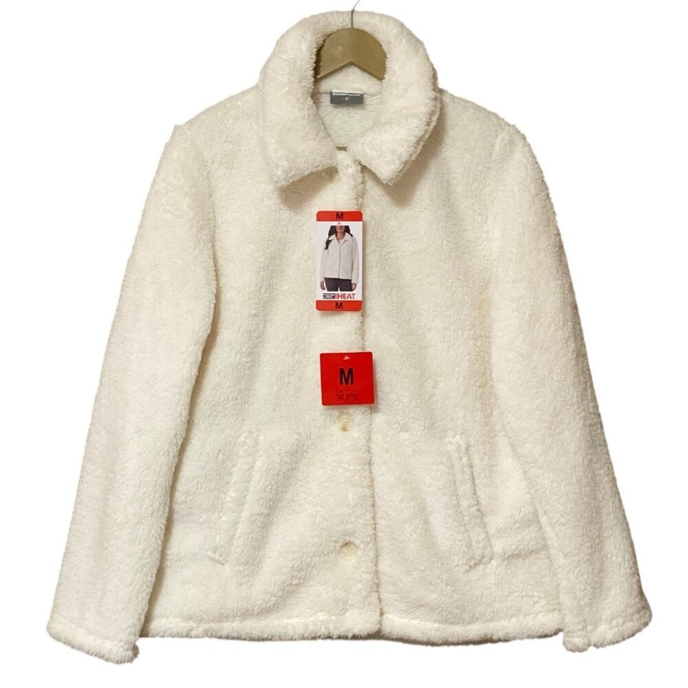 32 Degrees Womens M Ivory Fleece Shacket Jacket Button Front Pockets NWT